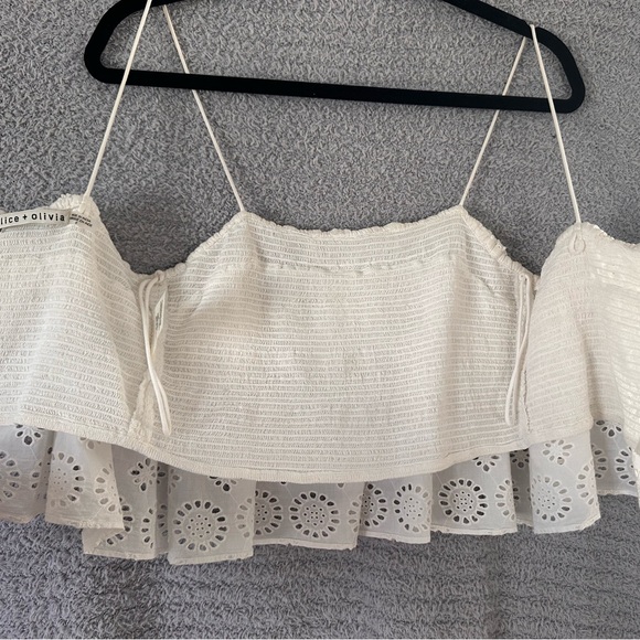Alice + Olivia Marylynn Eyelet Ruffle Crop Top Ivory - Picture 5 of 5